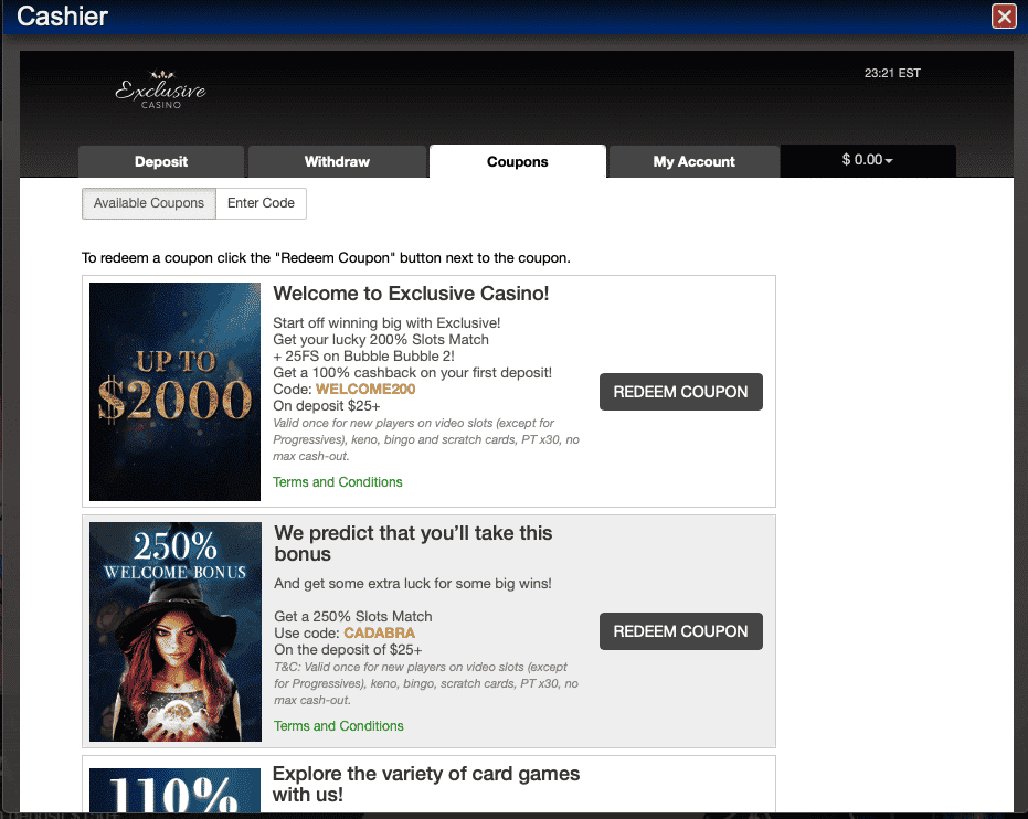 Exclusive Casino Redeem Bonus Codes Section