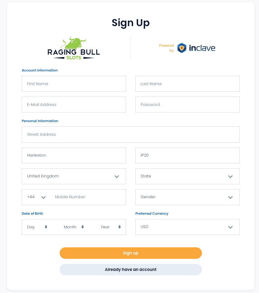 Raging Bull Casino Registration Form