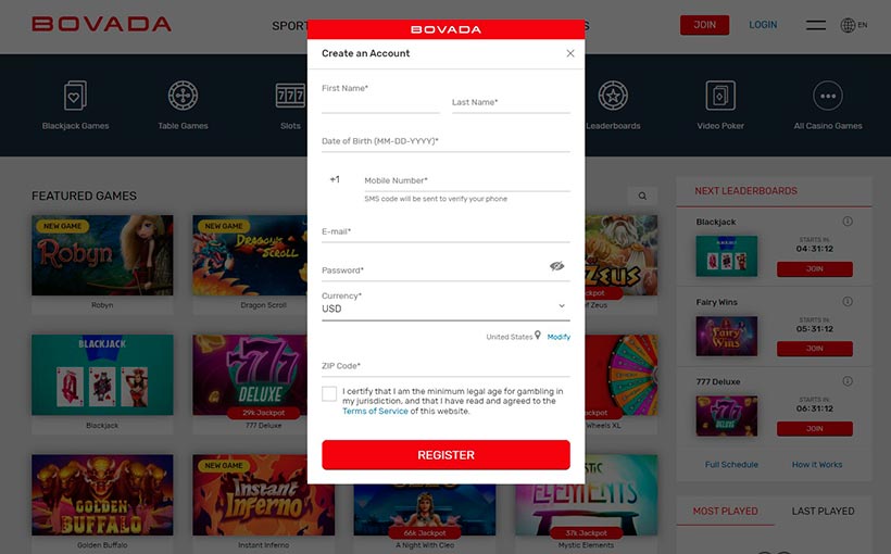 Bovada Register Pop-up