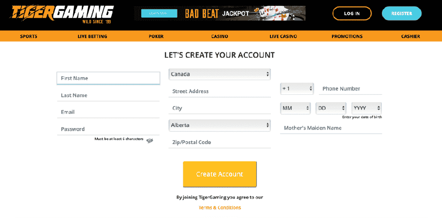 Tiger Gaming Casino Registration Form
