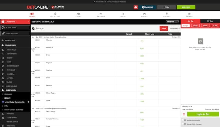 BetOnline Rugby Betting