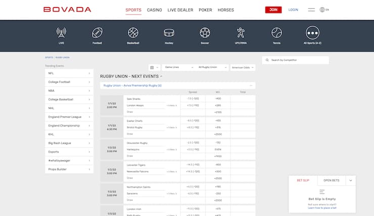 Bovada Rugby Betting