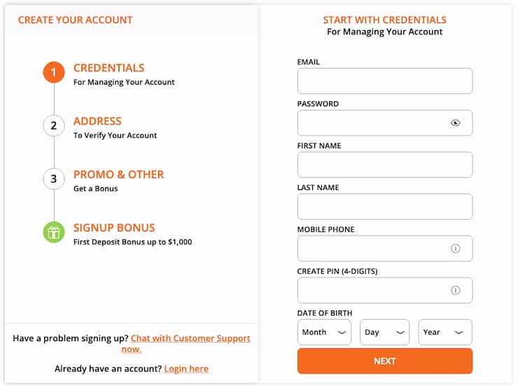 Big Spin casino registration form