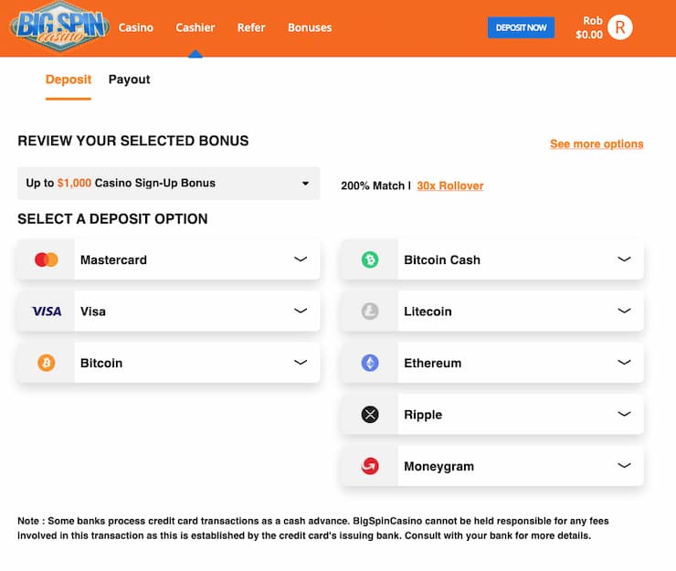big spin casino make deposits form