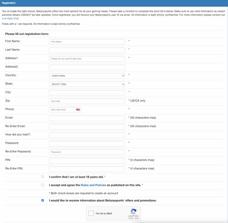 betanysports registration form