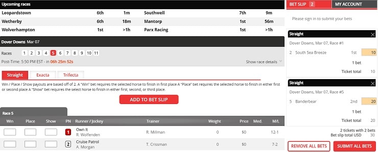 BetOnline Racebook Bet Slip