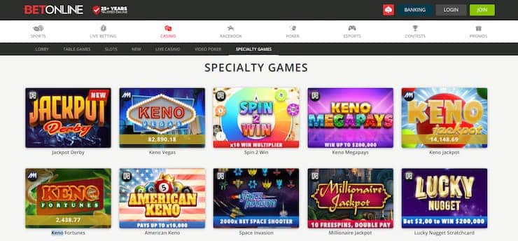 BetOnline keno online games