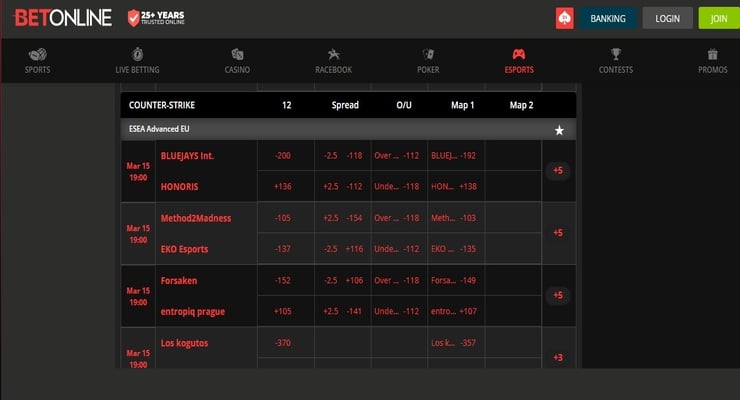 BetOnline esports betting page: CSGO