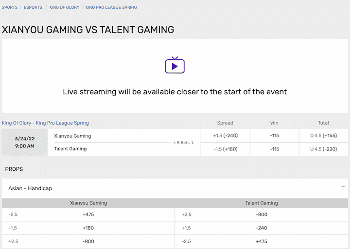 Bovada King of Glory betting page