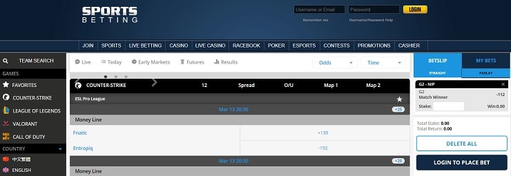 SportsBetting.ag Esports interface