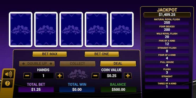 Screenshot of single-hand Deuces Wild at MyBookie.