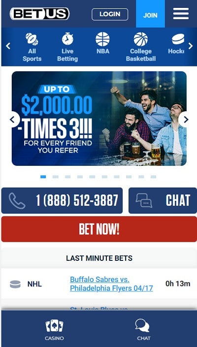 BetUS Web App Site homepage
