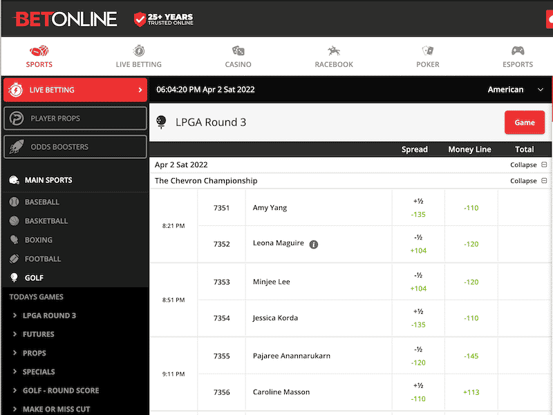 BetOnline - placing your first golf bet