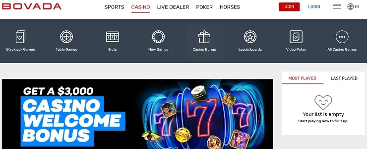 Bovada Casino Homepage