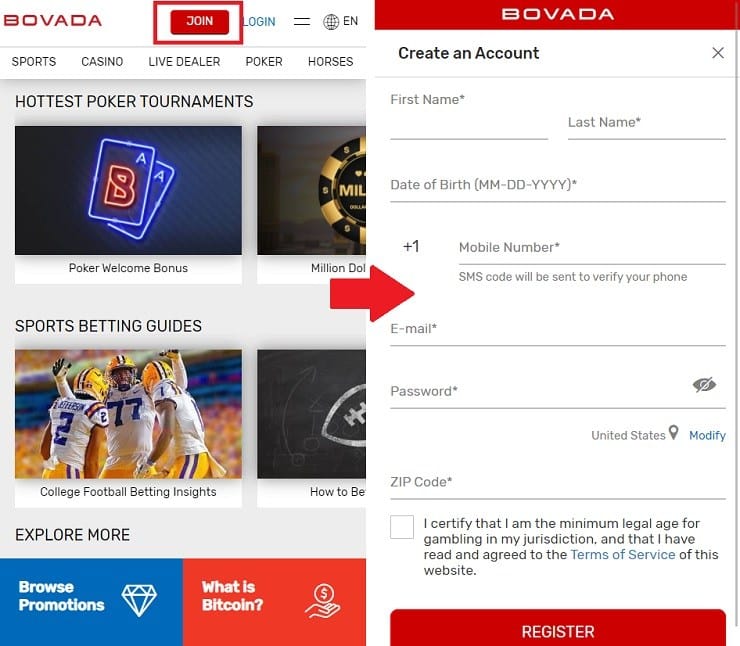 Bovada Sign Up Form