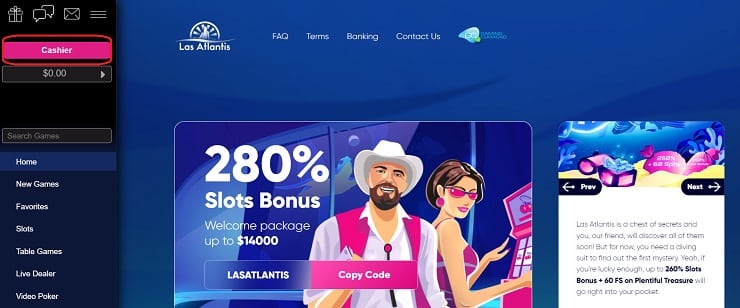 Las Atlantis Casino Cashier Button