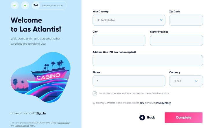 Las Atlantis Casino Registration Form