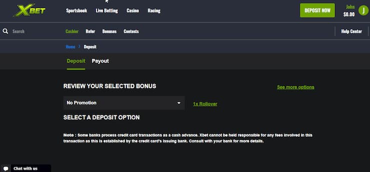 Xbet deposit screen