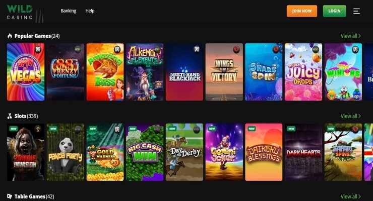 Wild Casino game dashboard