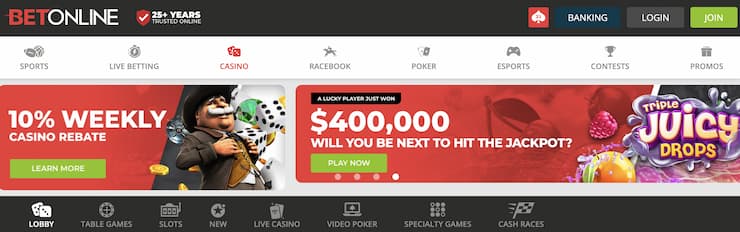 BetOnline Casino account homepage