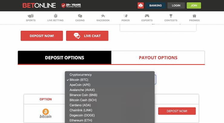 BetOnline deposits page