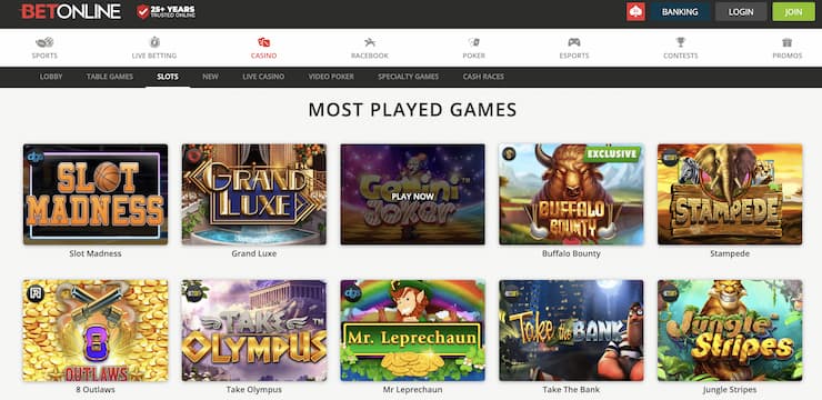 BetOnline casino game dropdown