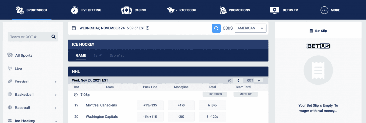 NHL moneyline betting