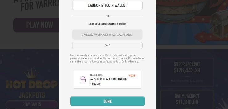 Cafe Casino Deposit Page