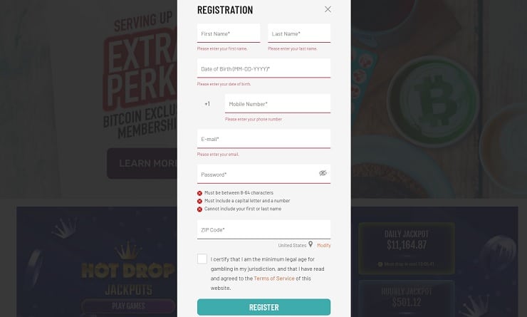 Cafe Casino Registration Form