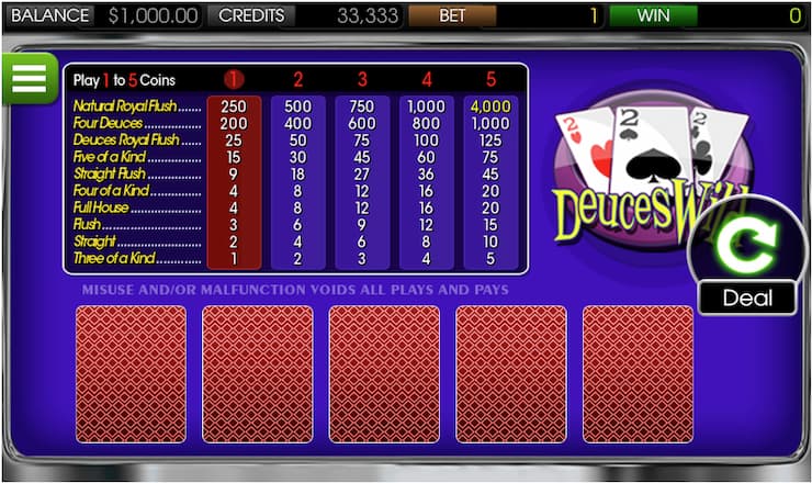Deuces Wild pay table and play view