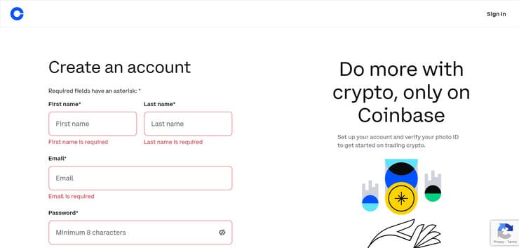 Coinbase registration screen