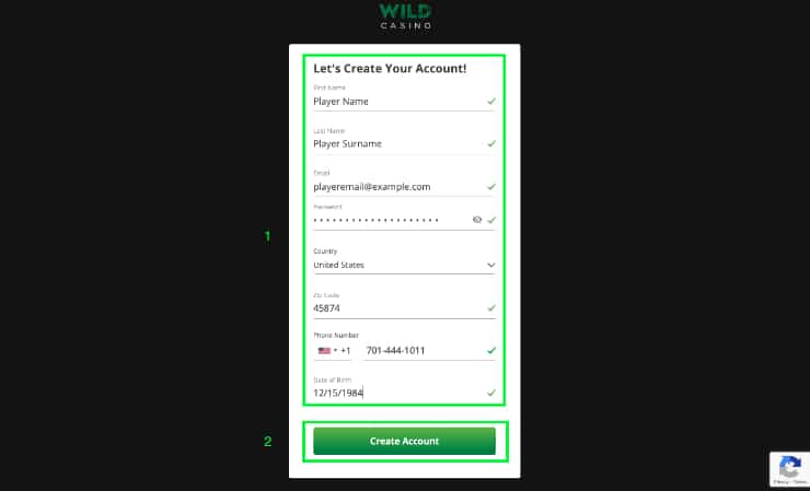 Register at Wild Casino Step 2
