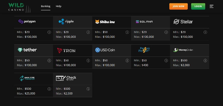 Wild Casino banking options