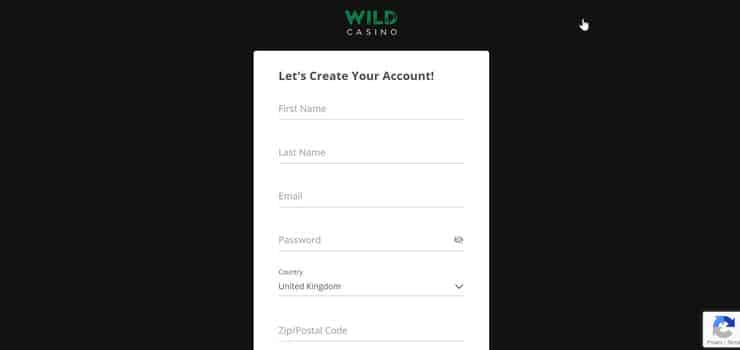 Wild Casino sign up screen
