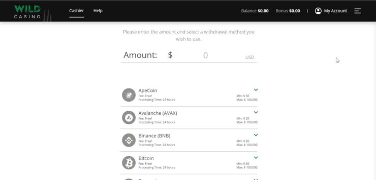 Wild Casino withdraw screen