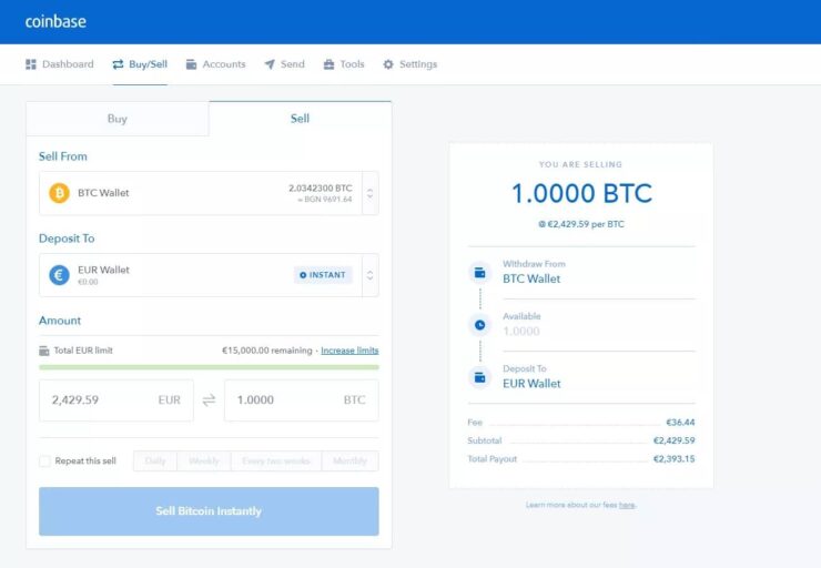 Sell Coinbase screen