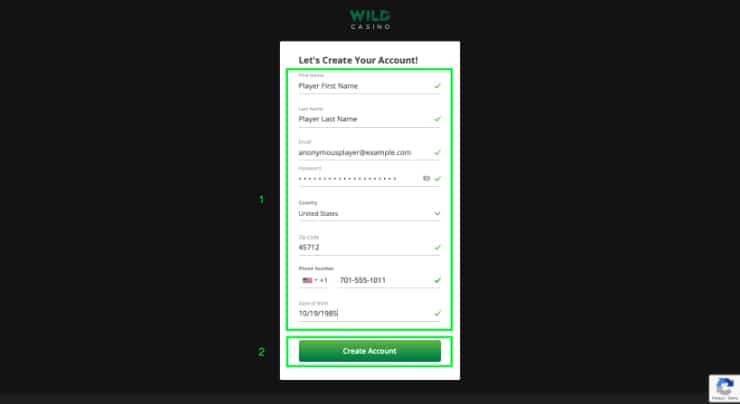 Wild Casino Registration Step 2