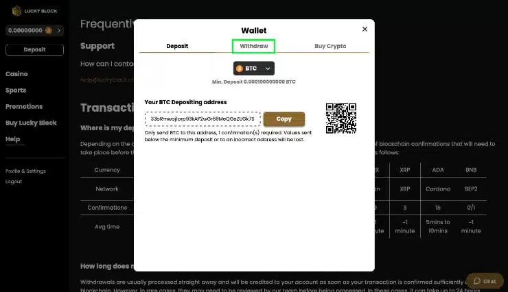 Withdraw BTC Step 1