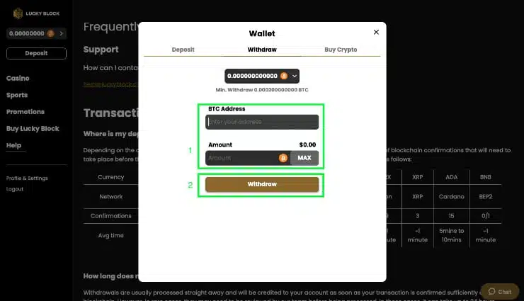 Withdraw BTC Step 2