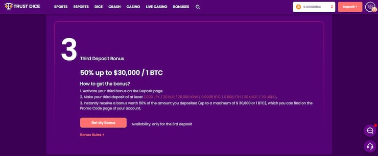 TrustDice Casino Third Deposit Bonus