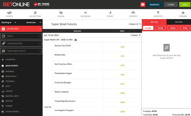 BetOnline live betting section