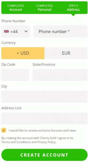 Cherry Gold Casino Registration Form - Step 3