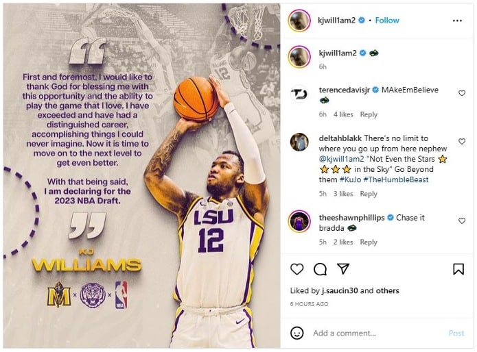 LSU forward KJ Williams declares for 2023 NBA Draft