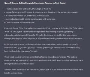ChatGPT Predicts Boston Celtics vs. Philadelphia 76ers Game 6 & Series: Celtics Advance in NBA Playoffs