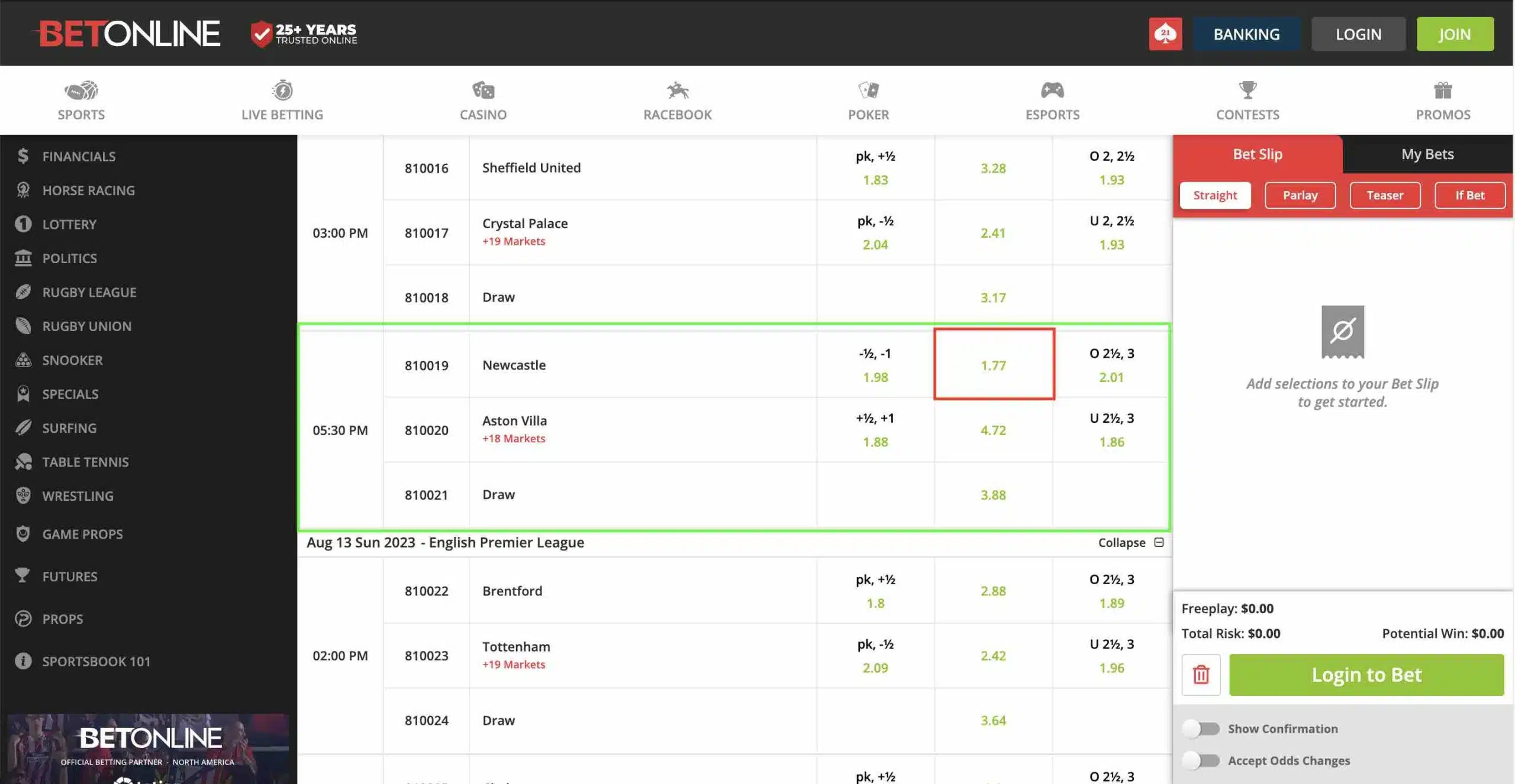 A screenshot of the odds for Premier League games at BetOnline with Aston Villa vs Newcastle United highlighted