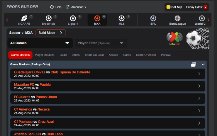 Bet builder betting feature at Bovada