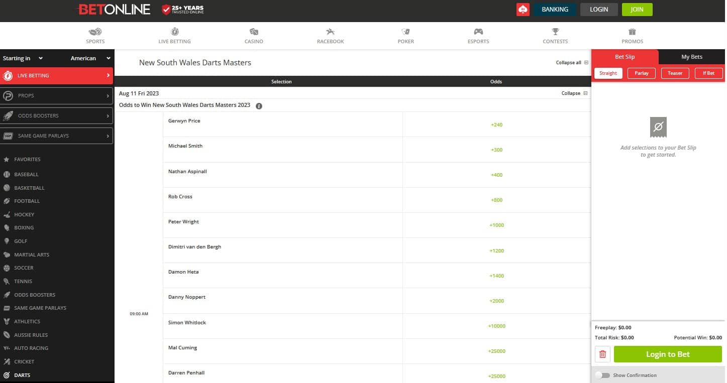 BetOnline - Betting on Darts