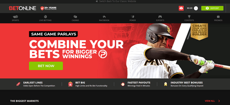 BetOnline homepage while logged in.