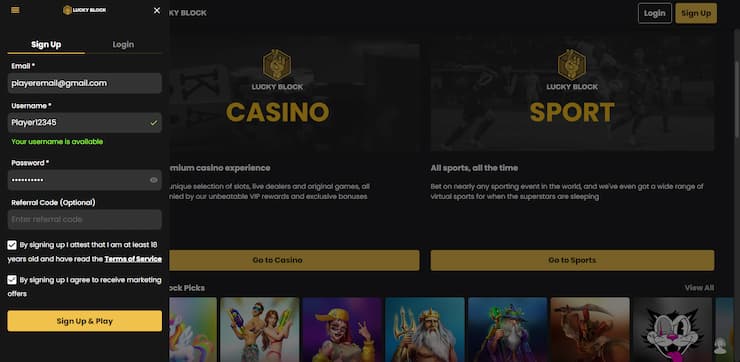 Create an account - lucky block