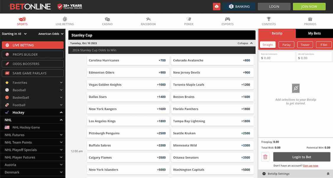 A screenshot of the NHL Stanley cup futures at BetOnline